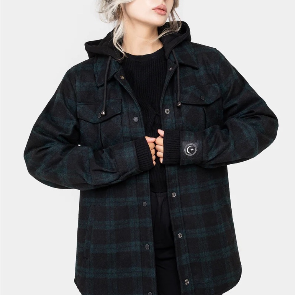 Disturbia Trellis US6 Hooded pocket wool blend plaid check shacket goth - Picture 2 of 7